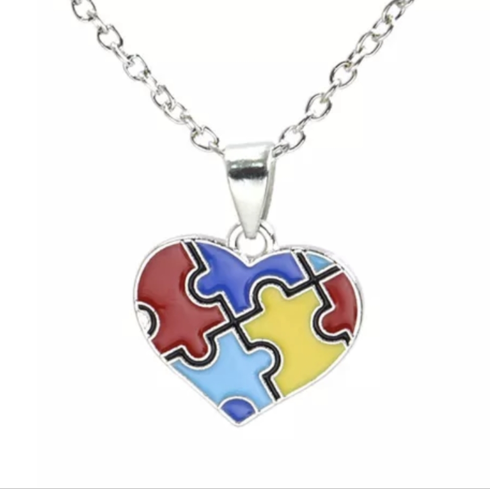 Silver Autism Awareness Necklace - Heart Puzzle Piece Charm on Silver Chain